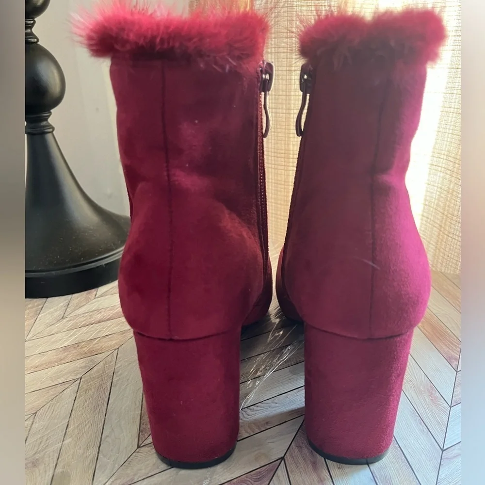 Elegant Weeboo Burgundy  Faux Suede Ankle Boots with Ruffle Trim – Size 6